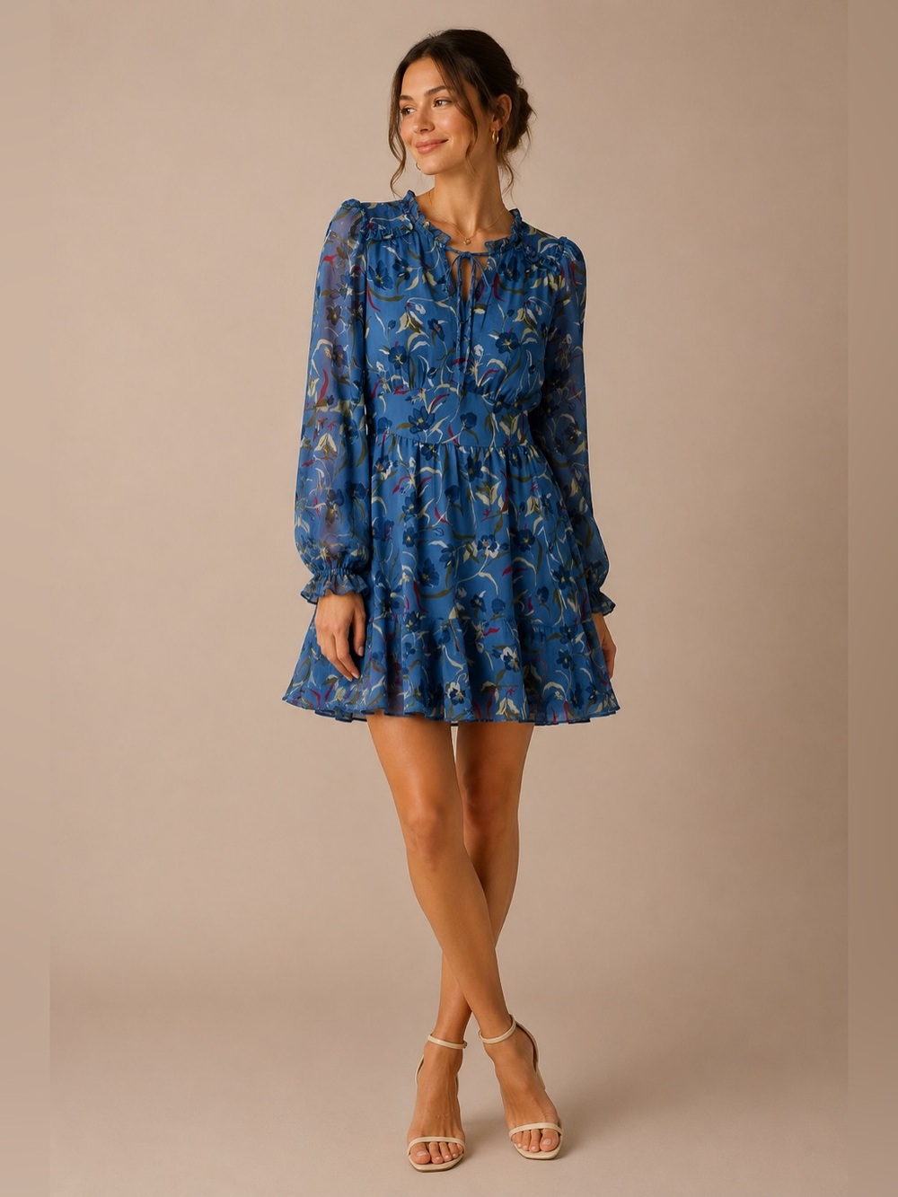 Sfera Collection Blue Floral‎ Chiffon Ruffle Boho Peasant Mini Dress S